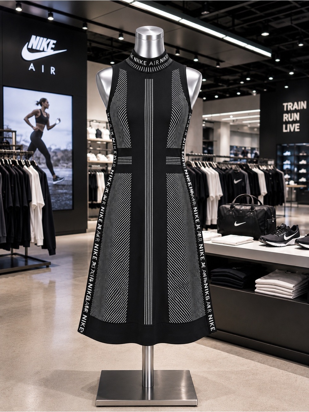Nike Black & White Graphic Stripe Sleeveless Midi Dress